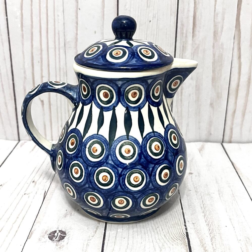 Vintage Boleslawiec Polish Pottery Coffee/ Cocoa Pot Blue Peacock Eye Folk Art